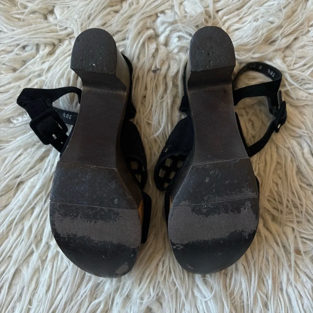 Robert Clergerie Black Suede Laser Cut Platform Heel Color Block Sandal EUC 38.5